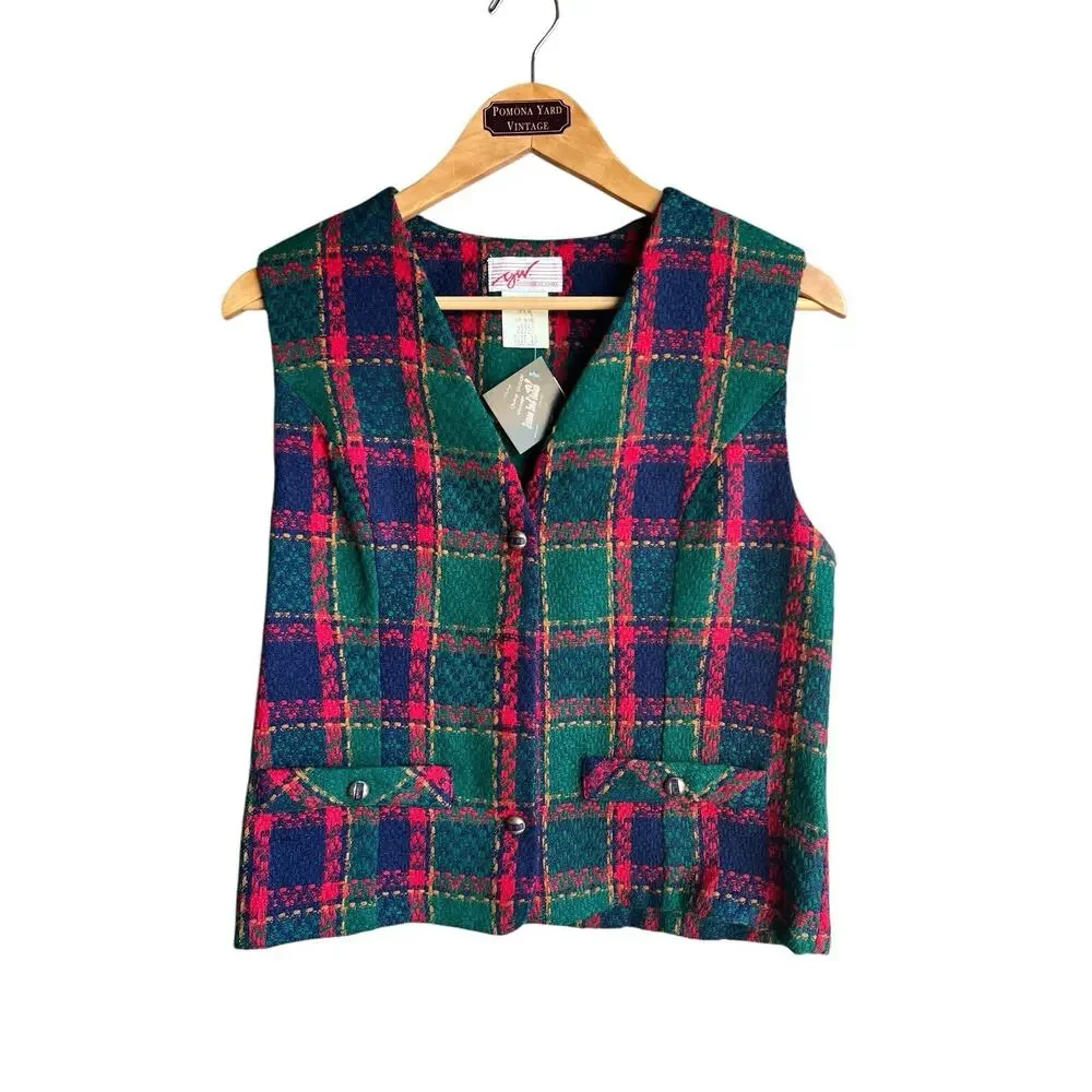 VTG Christmas Plaid Blazer & Vest Acrylic Knit G.W. Division Of Graff Size 10